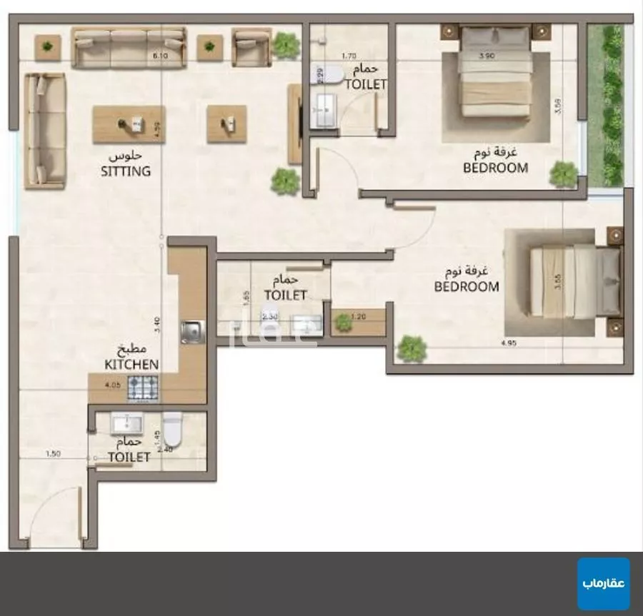 شقة 2 غرف في النهضة 13