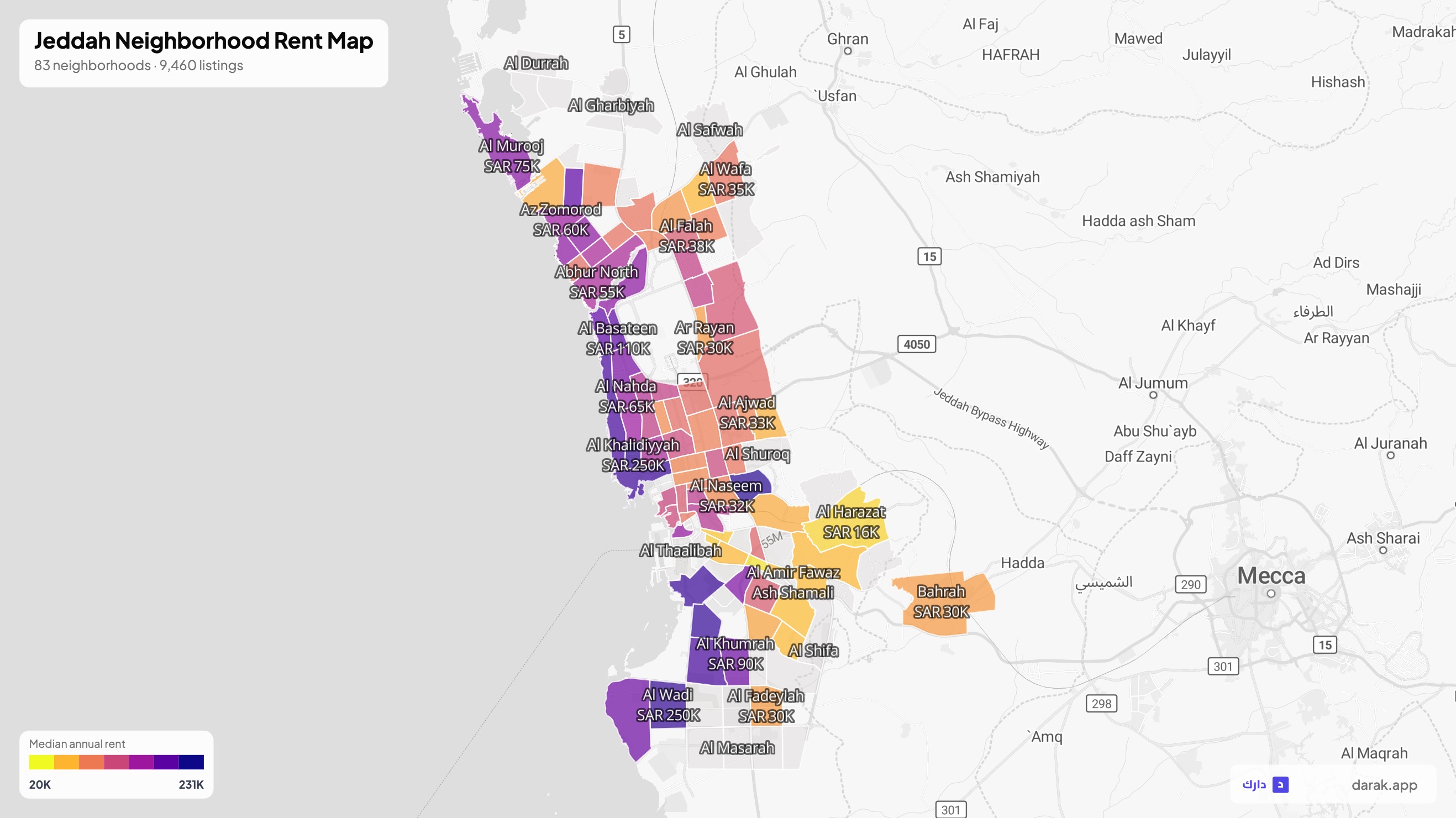 Aerial view of Jeddah neighborhoods with rental price overlay