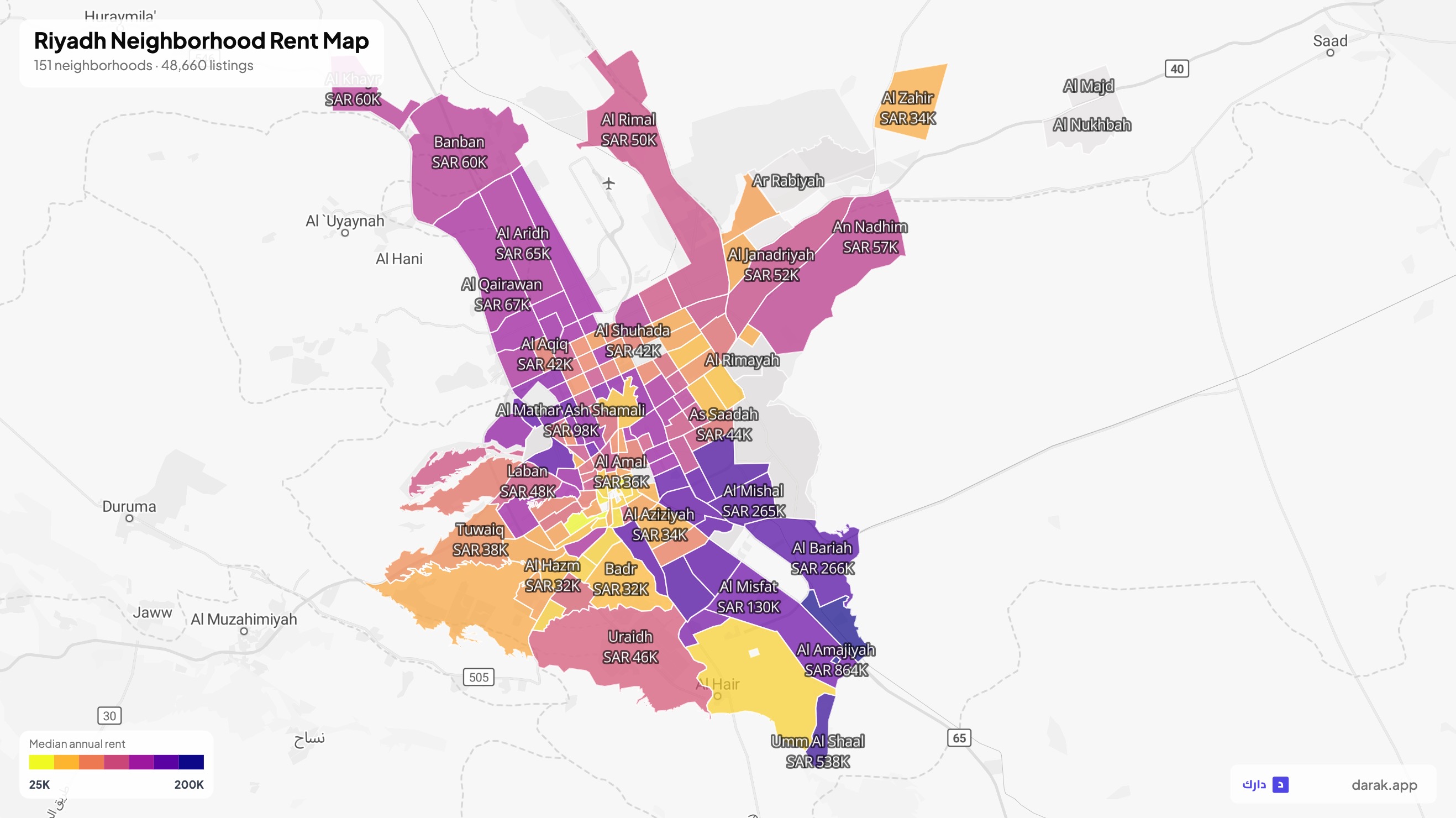Aerial view of Riyadh neighborhoods with rental price overlay