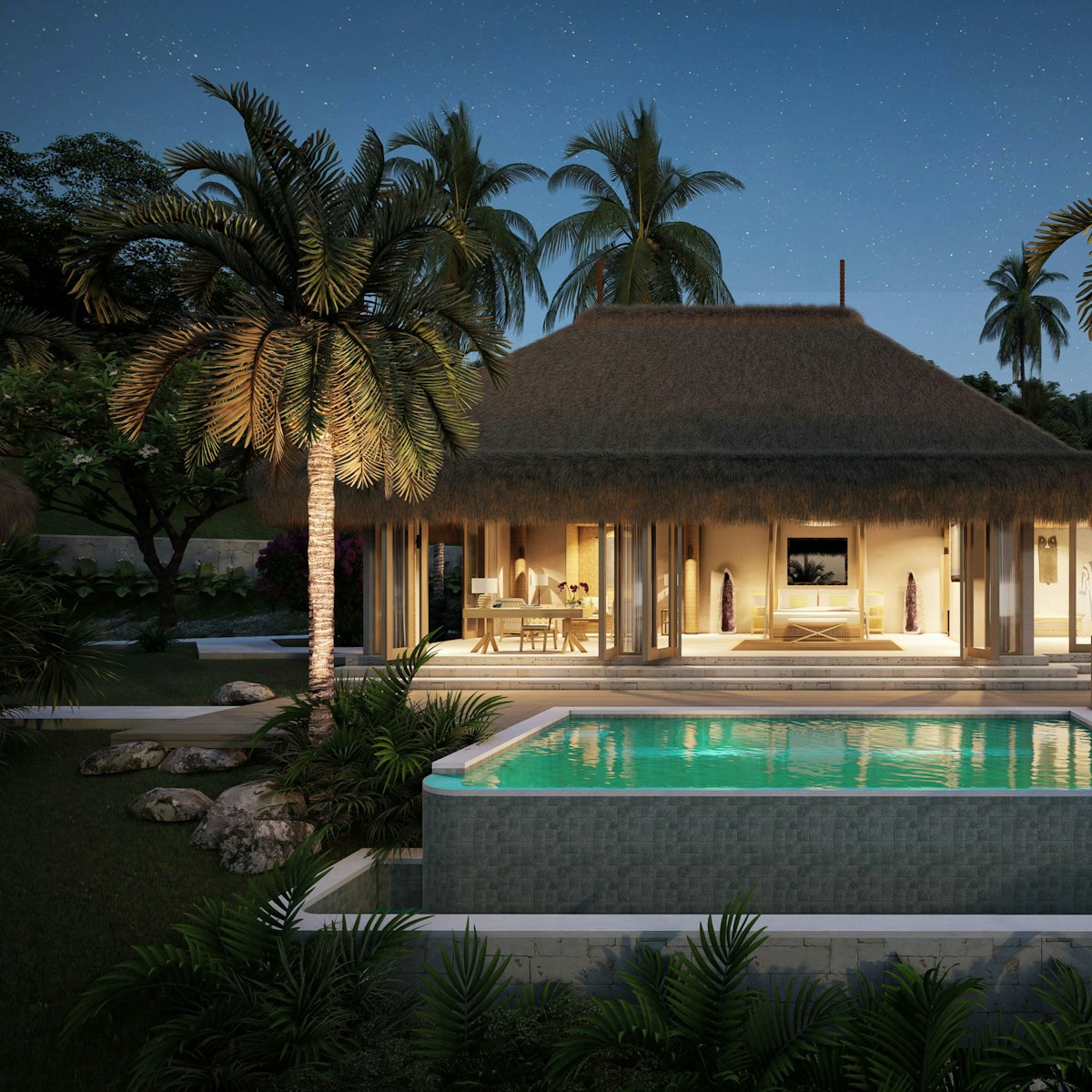 Compound villas in Jeddah with pool and palm trees
